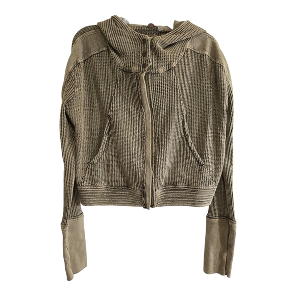 Free People One Mason Hoodie Jacket Army Green Waffle Knit Small - Picture 3 of 8